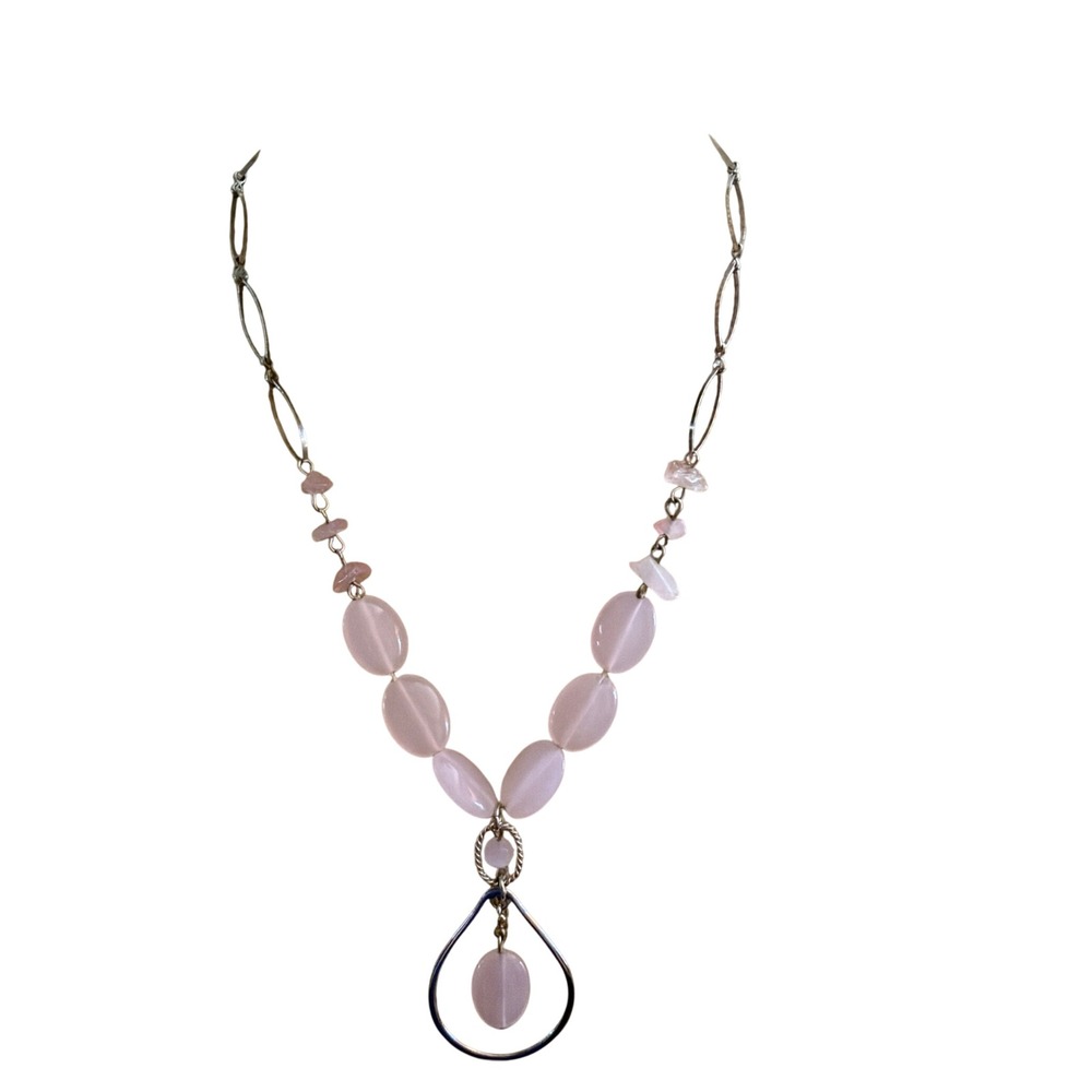Pink Stone Bead Teardrop Pendant Silver Tone Chain Necklace Boho Feminine